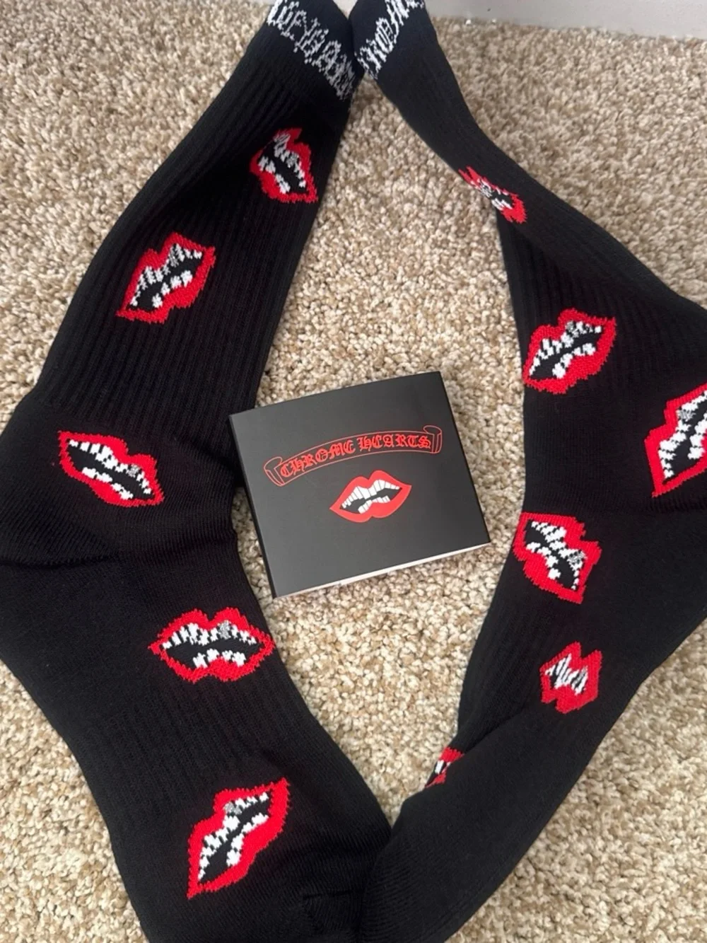 Chrome Hearts Black Crew Socks with Red Lip Motif Pattern